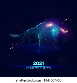 2021 Chinese Year of the Ox vector illustration made of neon particles. Chinese new 2021 year of the bull art in modern abstract style consists of colorful dots