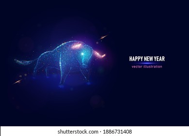 2021 Chinese Year of the Ox vector illustration made of neon particles. Chinese new 2021 year of the bull art in modern abstract style consists of colorful dots