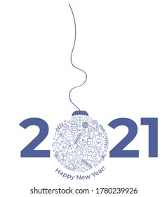 2021 Christmas ball. Happy New Year 2021. Many contour drawings in the form of a Christmas tree ball. Use for design and banners and greetings and postcards. Vector illustration