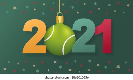 Balón de Navidad de 2021 con patrón de pelota de tenis. Feliz Navidad y feliz año nuevo