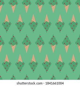 2021 Christmas fir tree seamless pattern. Green ice cream tree on waffle cone with balls. Vector illustration on green background.
