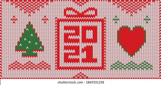 2021 Christmas greeting card with a knitted sweater pattern. Cozy New Year banner design. Xmas vector illustration with knitted new year tree, heart, and gift box.