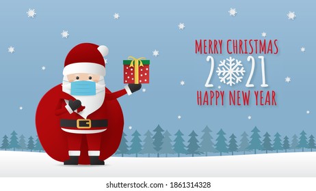 2021 Christmas greeting card. Santa claus wearing a surgical mask protection of virus with giftbox in night time with snowfall. Vector illustration