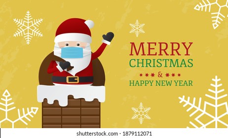2021 Christmas greeting card. Santa claus wearing a surgical mask protection of virus with giftbox in night time with snowfall. Vector illustration