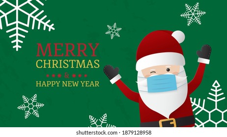 2021 Christmas greeting card. Santa claus wearing a surgical mask protection of virus with giftbox in night time with snowfall. Vector illustration