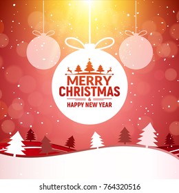 2021 Christmas and Happy New Year greeting card background. Xmas ball on winter landscape decoration design