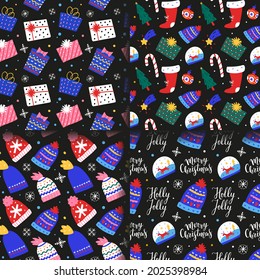 2021 Christmas ornaments pattern set, christmas gifts, glass balls with reindeer, stocking and candy, scandinavian illustrations with handwritten lettering, seamless print for festive wrapping paper
