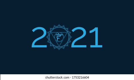 2021. Weihnachtsvektorhintergrund mit Chakra-Symbol Vishudha. Schönes neues Jahr. Sacral-Lotus-Zeichen. Yoga-Sakralkunst