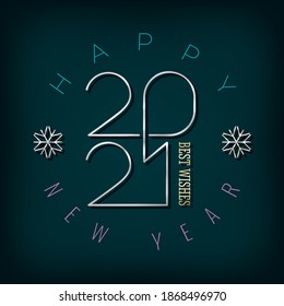 2021 Circle Composition Silver Single Line Numerals Logo and Happy New Year Greetings with Best Wishes Lettering - Chrome on Turquoise Background - Vector Gradient Graphic Design