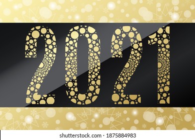 2021 circle vector symbol. Snow background. Happy New Year golden illustration for decoration, celebration, winter holiday, design. Gold gradient bubble icon