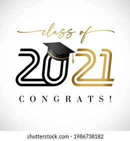 2021 class of golden line art text, graduates black lettering banner. Vector illustration black and gold logo congratulation degree ceremony with academic student hat