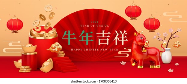 Cartel de saludo de CNY 2021 en 3d ilustración. Concepto del buey de señalización zodiaco chino. Traducción: Feliz año nuevo chino.