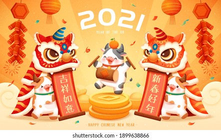 Afiche de la CNY 2021 con vacas lindas en un espectáculo de danza del león. Concepto del buey de señalización zodiaco chino. Traducción: Feliz año nuevo chino.