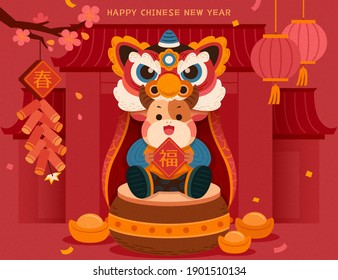 2021 CNY year of the ox greeting card. Cute baby cow wearing Chinese lion dance head costume and sitting in front of Chinese houses. Translation: Spring, Fortune.