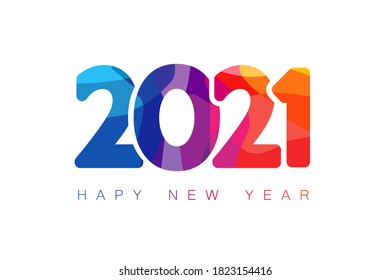 2021 color facet numbers Happy New Year greeting card. 20 21 Christmas symbols. Vector illustration with colorful holiday label isolated on white background for web banner