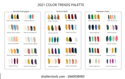 2021 color trends palette on brush strokes. Vector stok illustration isolated on white background.