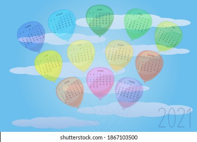 2021 colorful calendar template. Balloons and blue sky with clouds in a cute child cartoon style. Wall annual calendar design concept week starts on Sunday