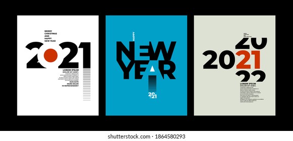 Colorido grupo de afiches de Año Nuevo Feliz 2021. Resumen de diseño tipográfico logo 2021 para celebración vectorial y decoración de temporada, fondos, marca, banner, portada, tarjeta y/o plantilla de medios sociales.