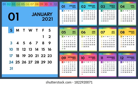 2021 colorful vector wall calendars set, sunday first