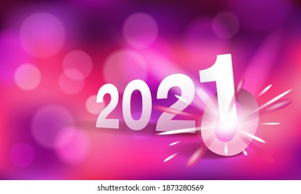 2021 is coming - new year title, changing from 2020 to next year - 0 is destroying by 1 digit on blurry and bright background - vector card or banner