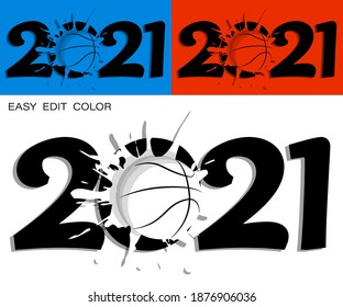 2021 in contrast basketball style with ball and bright blot. Sports design element. Active lifestyle. Vector on white or color background with splashes