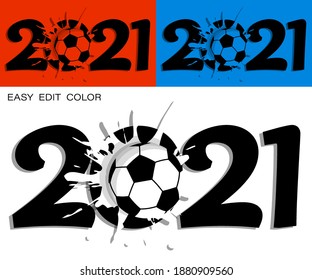 2021 in contrast soccer style with ball and bright blot. Sports design element. Active lifestyle. Vector on white or color background with splashes