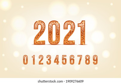 2021 copper or bronze numbers set. Vector bronze number. Beautiful metal design for decoration. Symbol elegance royal graphic, fashion signs.