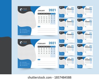 2021 corporate desk calendar with blue and black layout, Week Starts on Monday