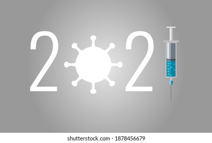 2021 Covid-19 vaccine concept on gray backgorund. World vaccination and prevention of coronavirus. illustration. Blue vaccine syringe vector. Treatment for coronavirus