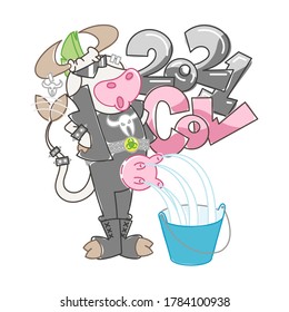 2021 Cow. Happy cartoon metal music milking to a bucket cow with mohawk hairstyle. Vector illustration of a silly cow, icon childish mascot isolated on white.