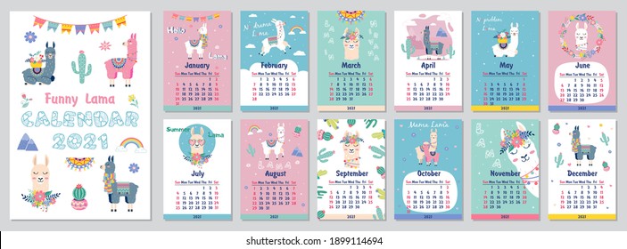 2021 Cute monthly calendar with llama,luggage,cactus,geometrical for children.Can be used for web,banner,poster,label and printable