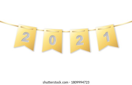 2021 fecha en papel colgante de gradiente dorado garland rectangular de bandera pequeña, elemento de diseño de ilustración vectorial de material aislado en fondo blanco