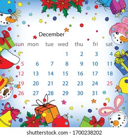 2021, December calendar, decorated with snowmen, flowers, gifts, sweets. Vector editable template.