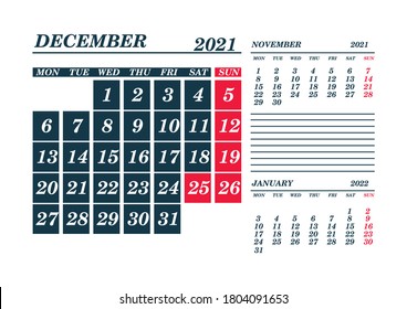 2021 December Calendar Planner. Template. Mock up. Vector illustration.