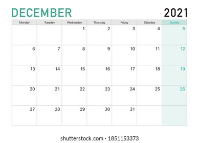 2021 December illustration vector desk calendar weeks start on Monday in light green and white theme
