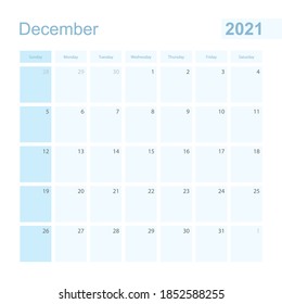 2021 December wall planner in blue color, week starts on Sunday. Calendar for December 2021 with day of previous and next month.