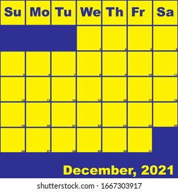 2021 December yellow on blue planner calendar with huge space for notes
