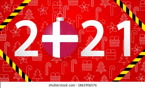 2021 with Denmark Flag. 2021 with the protective tape of the coronavirus epidemic COVID-19. Vector Illustration.Horizontal posters, cards, headers, website.Coronavirus in 2021.