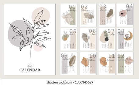 2021 сalendar design. 2021 calendar template on a botanical theme.Set of 12 months 2021 pages. Vector illustration.Vector template.Abstract artistic vector illustration.