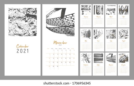 2021 сalendar design. Set of 12 months. Week starts on Sunday. Monthly Wall Calendar 2021. Editable calender page template with ruled blocks allocated for each day. Abstract artistic vector drawings.