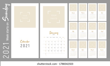 2021 сalendar design. Set of 12 months. Week starts on Sunday. Monthly Wall Calendar 2021. Editable calender page template with ruled blocks allocated for each day. Vector.