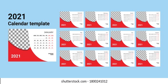2021 сalendar design. Set of 12 months. Week starts on Sunday. Monthly Wall Calendar 2021. US Letter format. Editable calender page template. Abstract artistic vector illustrations.