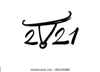 2021 design template for new year black and white. Brush and ink lettering. Stylized bull - a symbol of the Chinese New Year