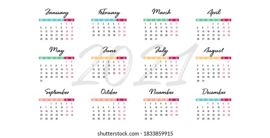 2021 Desk Calendar 210 X 100 Mm. Vector Illustration