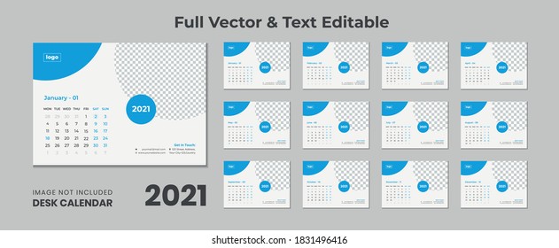 2021 desk calendar with blue layout,Blue desk calendar 2021,New Desk Calendar 2021 template - 12 months included,Happy New Year 2021 Desk Calendar,Calendar for 2021 year.Week starts Sunday. Flat style