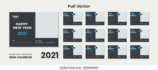 2021 desk calendar with blue layout,Blue desk calendar 2021,New Desk Calendar 2021 template - 12 months included,Happy New Year 2021 Desk Calendar,Calendar for 2021 year.Week starts Sunday. Flat style