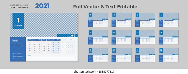 Calendario del escritorio de 2021 con diseño azul, Calendario de escritorio azul 2021, Plantilla de calendario de nuevo escritorio 2021 - 12 meses incluidos, Calendario de escritorio de feliz año 2021,Calendario para 2021 año.La semana comienza el domingo. Estilo plano