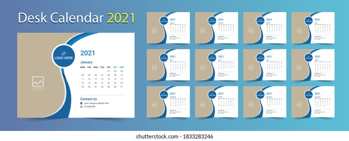 2021 desk calendar design, calendar design for 2021, Set of 12 Months, Desk calendar 2021, Calendar template. 