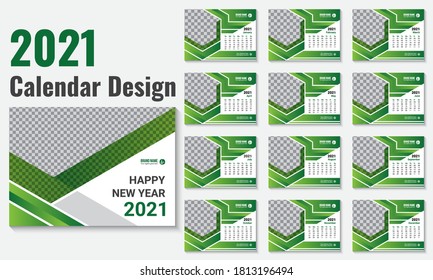 Plantilla vectorial de diseño del calendario de escritorio 2021. 12 páginas imprimir planilla de diseño de calendario vectorial listo con sitio para el logotipo de la empresa y la imagen. La semana comienza el domingo.