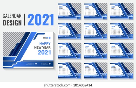 Plantilla vectorial de diseño del calendario de escritorio 2021. 12 páginas imprimir planilla de diseño de calendario vectorial listo con sitio para el logotipo de la empresa y la imagen. La semana comienza el domingo.